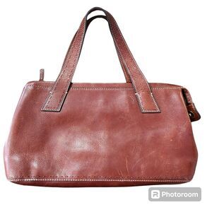 Fossil Dark Cognac Sedona Saddle Leather Stitching Accent Handbag Vintage Y2K